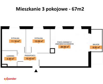 Duże 3-pokojowe mieszkanie 67 m2 z balkonem.