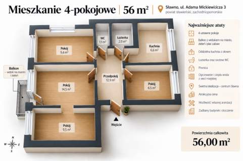 Słoneczne Mieszkanie 56 m Widok na miasto Centrum Sławna